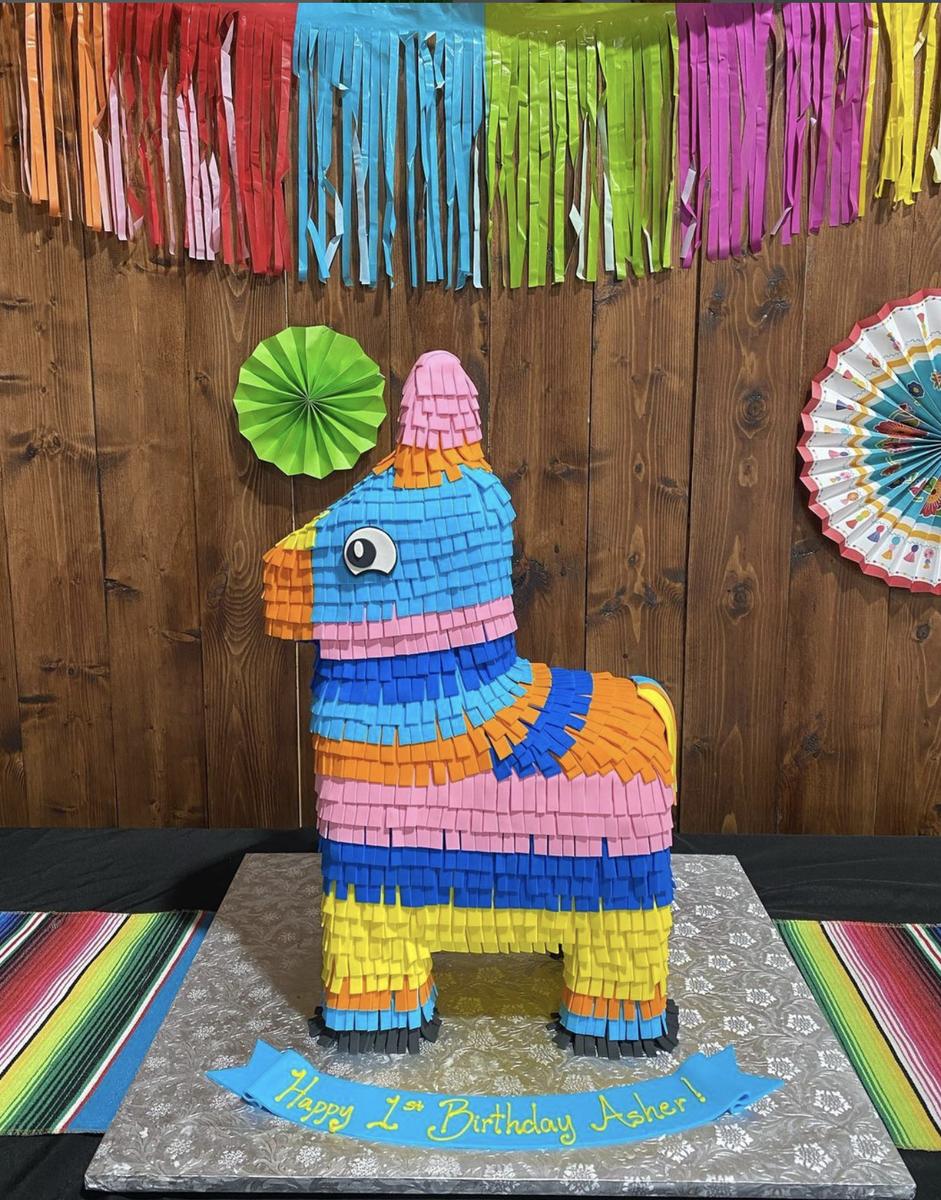 A colorful sculpted pinata-style birthday cake with rainbow fringe from a custom cake bakery in Indianapolis.