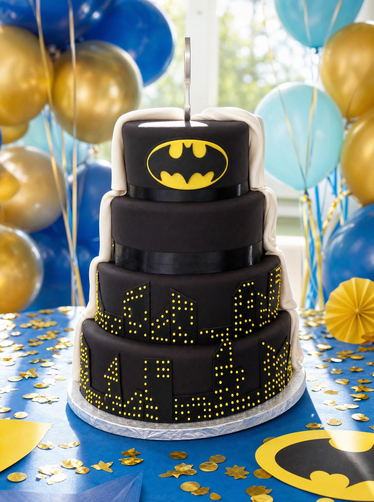 A three-tier Batman themed custom birthday cake in black fondant with a yellow logo and city skyline, made by a custom cake shop in Indianapolis.