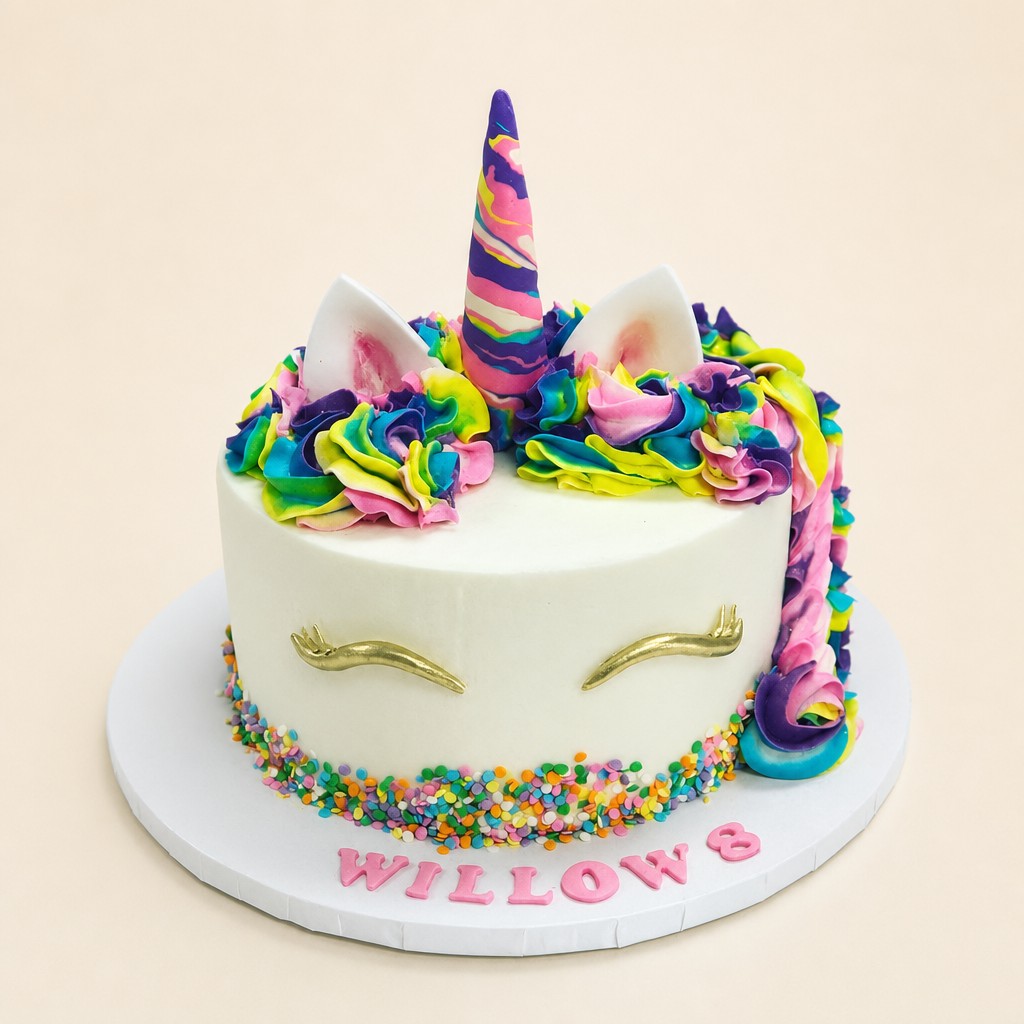 A custom unicorn birthday cake with a rainbow buttercream mane and gold piped details by Sweet Escape, the kind of personalized design that makes a custom cake worth it.