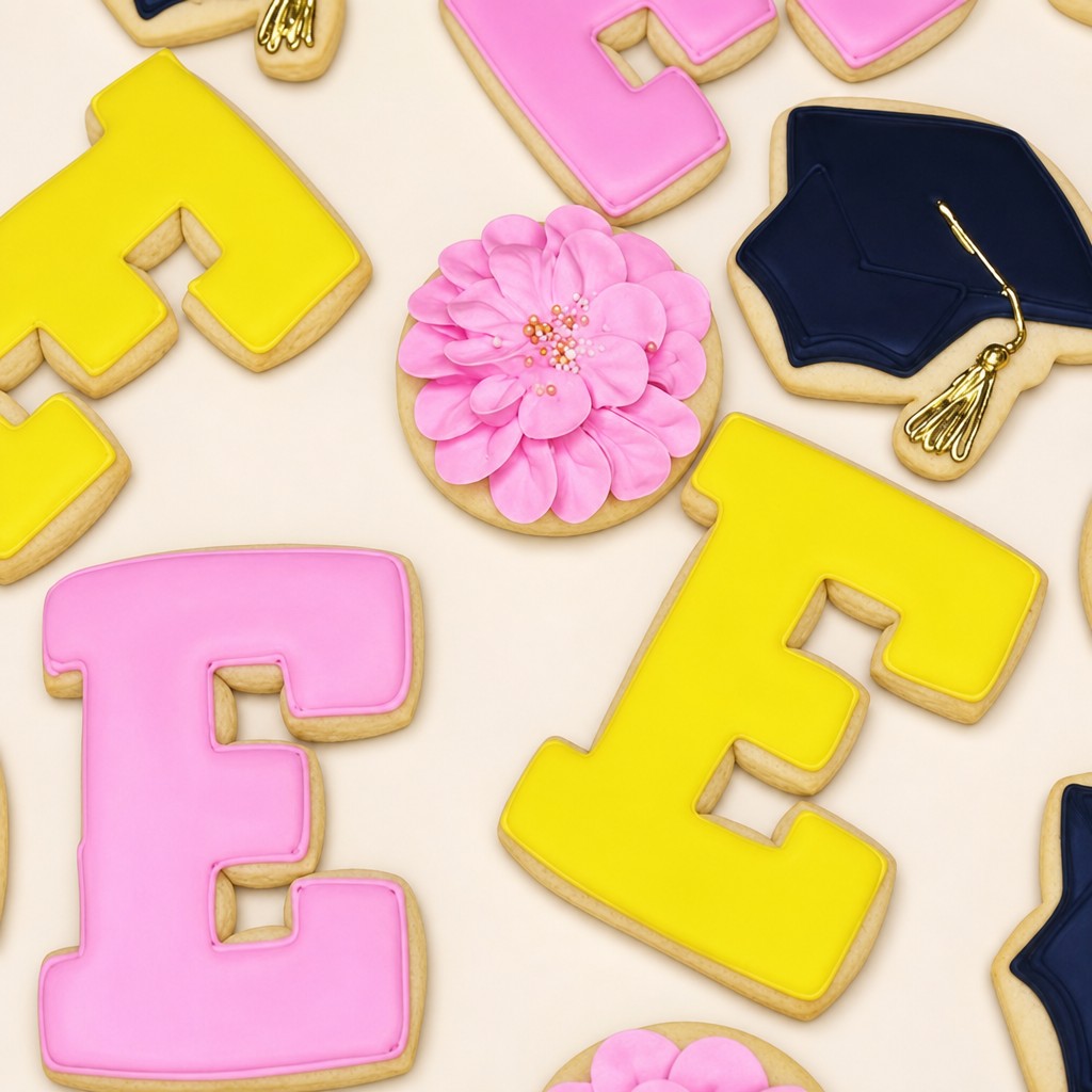 A pink and gold graduation cookie set with a graduation cap, tassel, and letter cookies from an Indianapolis bakery.
