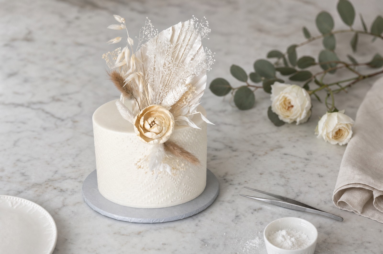 A simple single-tier white cake with textured buttercream and dried floral accents by Sweet Escape Cake Company in Indianapolis.
