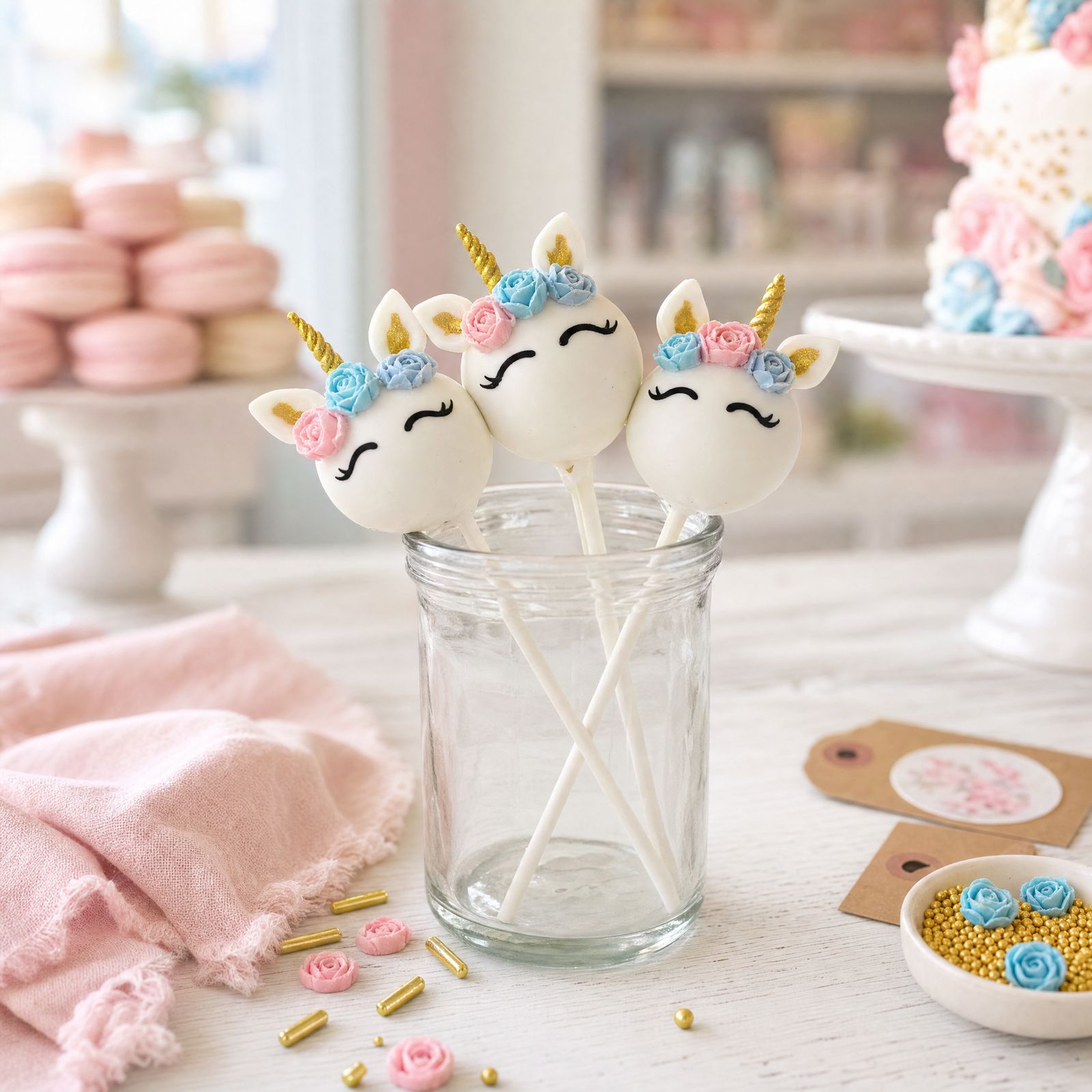 Colorful unicorn cake pops with gold accents on a white platter, available for same-day pickup at an Indianapolis bakery.