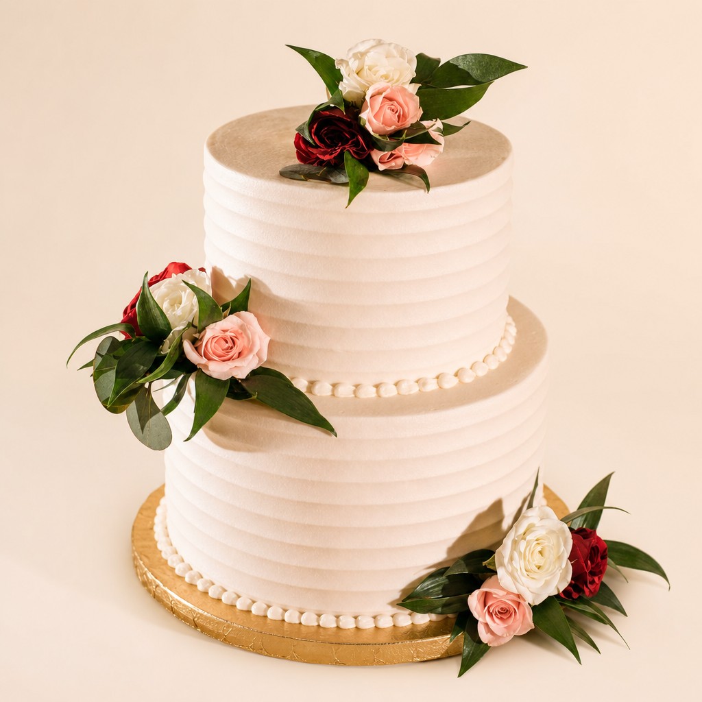 Buttercream wedding cake decorated with clusters of fresh roses and greenery instead of sugar flowers, by Sweet Escape Cake Company.