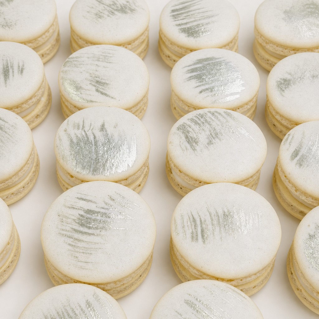 Cream macarons with gold brushstrokes for a wedding dessert table by Sweet Escape Cake Company.