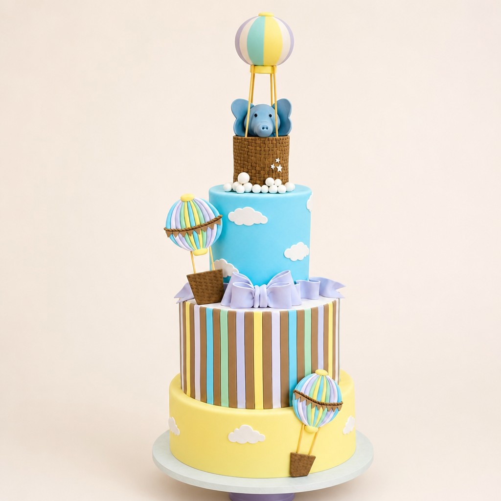 A pastel tiered first birthday party cake with a baby elephant in a hot air balloon, built to pair with a matching baby smash cake.