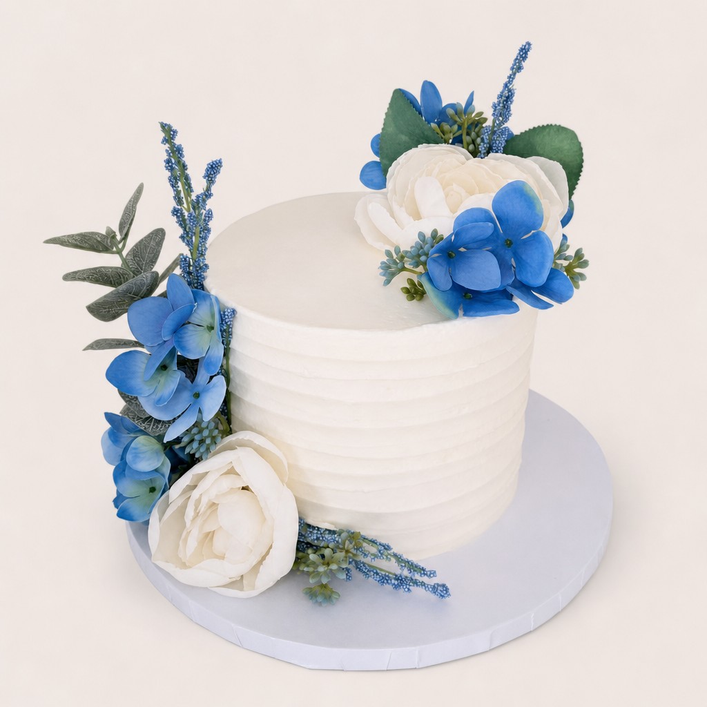 Single tier white wedding cake with blue hydrangeas and peonies, a small outdoor wedding cake display by Sweet Escape.