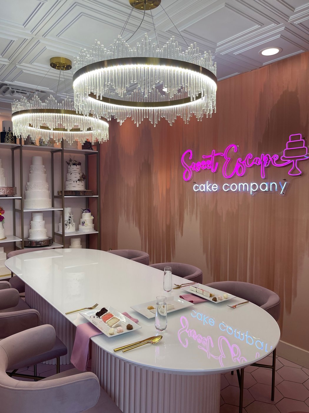 A wedding cake tasting spread of flavor and filling samples at Sweet Escape Cake Company in Indianapolis.