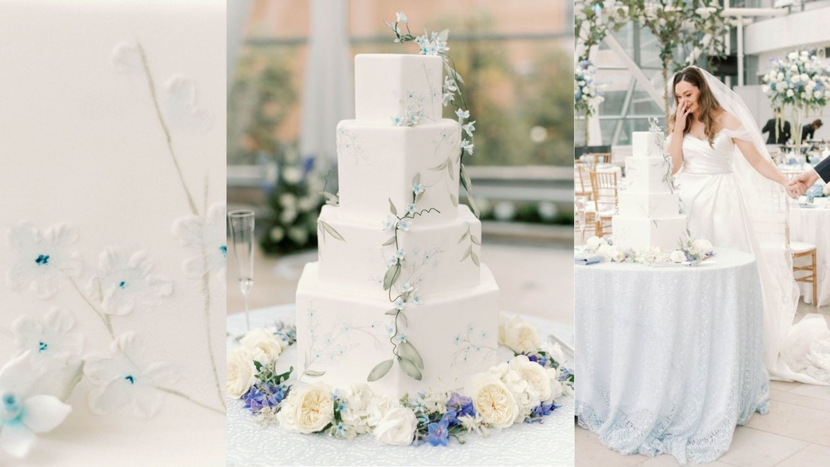 A four-tier white fondant wedding cake with sugar flowers, an Indianapolis wedding cake by Sweet Escape.