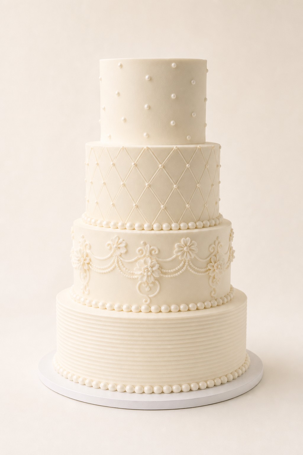 A collection of multi-tiered specialty cakes featuring various elegant styles such as floral, rustic, modern geometric, and abstract designs