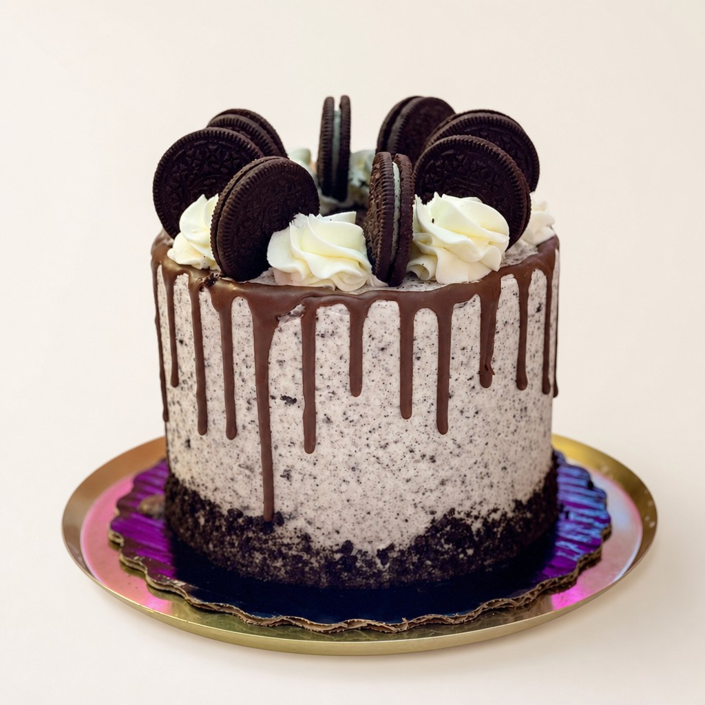 A delicious single-tier round Oreo themed birthday cake featuring a chocolate drip, white cookies and cream buttercream frosting, and whole 