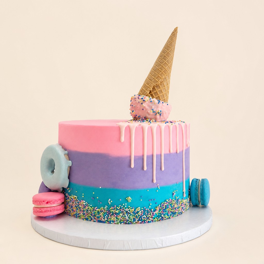 A vibrant single-tier ombre buttercream birthday cake featuring pink, purple, and blue colors, adorned with a white drip, colorful sprinkles