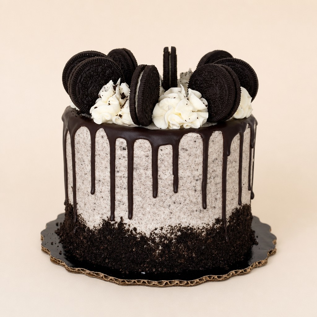 A delectable single-tier cookies and cream cake featuring a rich chocolate drip, whipped cream dollops, and whole Oreo cookies adorning the 