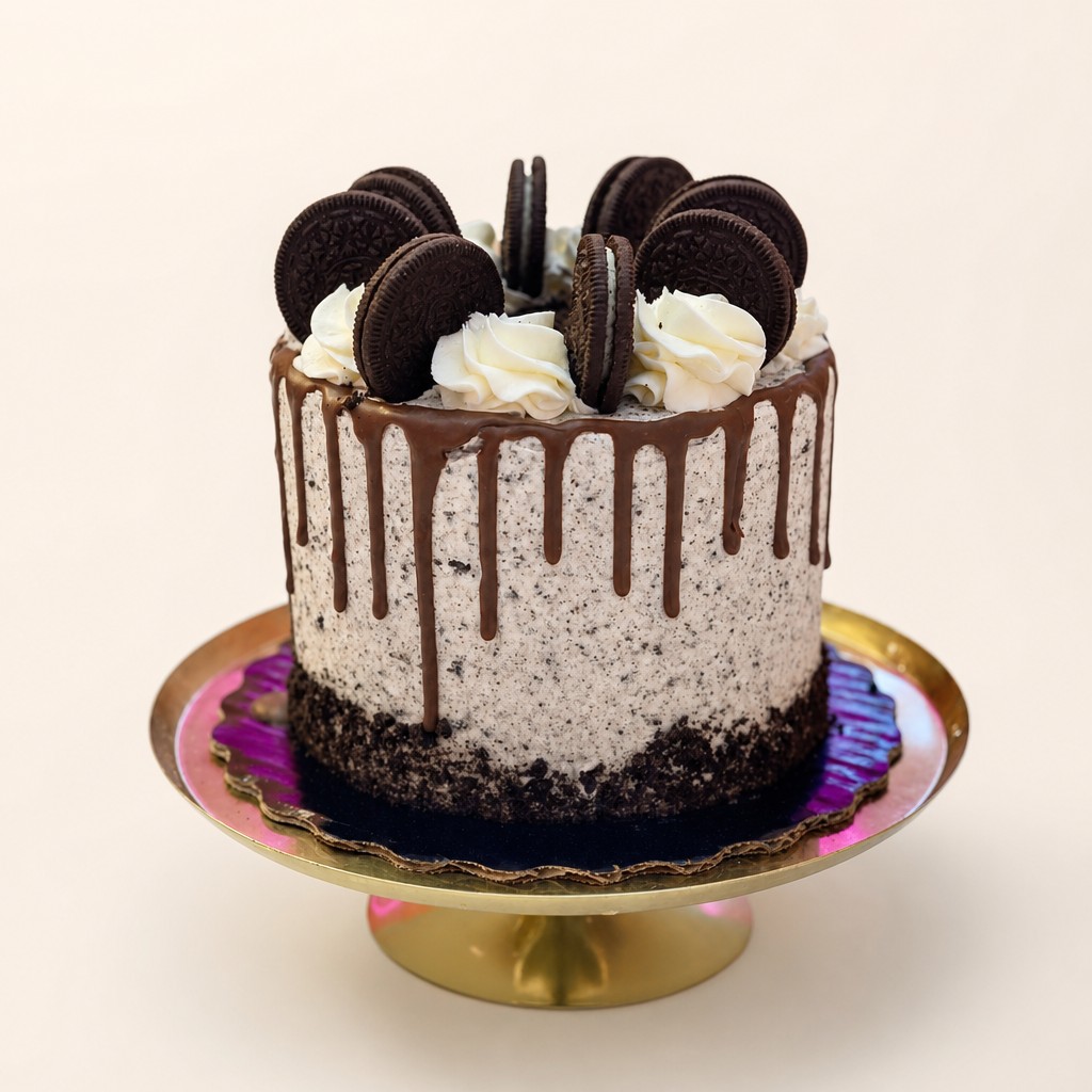 A single-tier round Oreo cookies and cream drip cake featuring white buttercream with cookie crumbs, chocolate ganache drip, and whole Oreo 