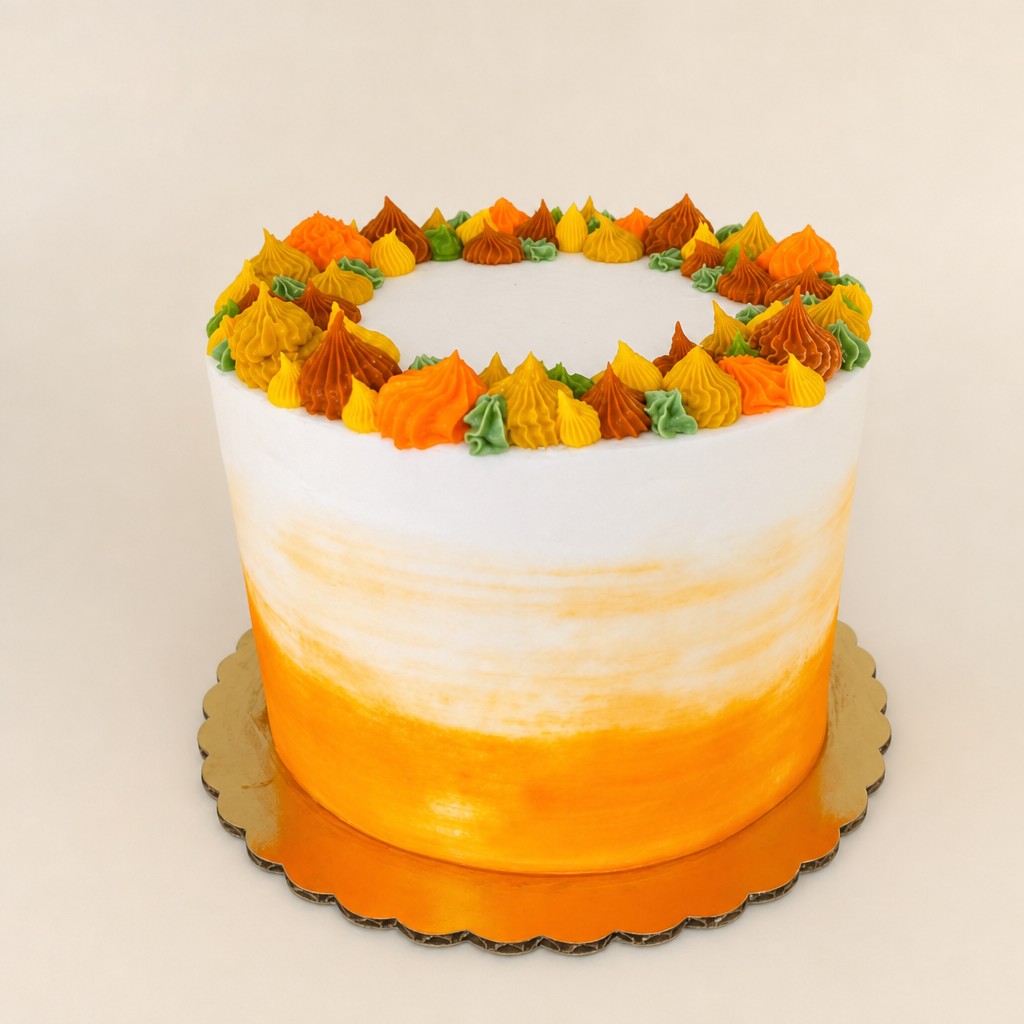 A round, single-tier specialty cake featuring a vibrant orange ombre buttercream base and a crown of multi-colored piped frosting swirls in 