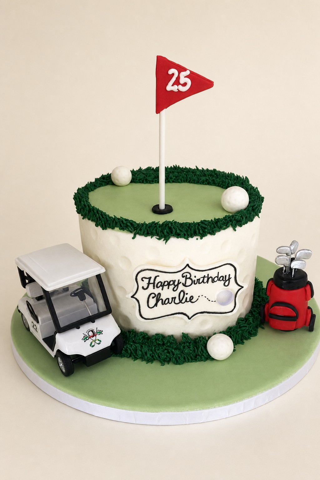 A round, single-tier golf-themed birthday cake featuring a white buttercream base, a green golf course top with a flag displaying the number