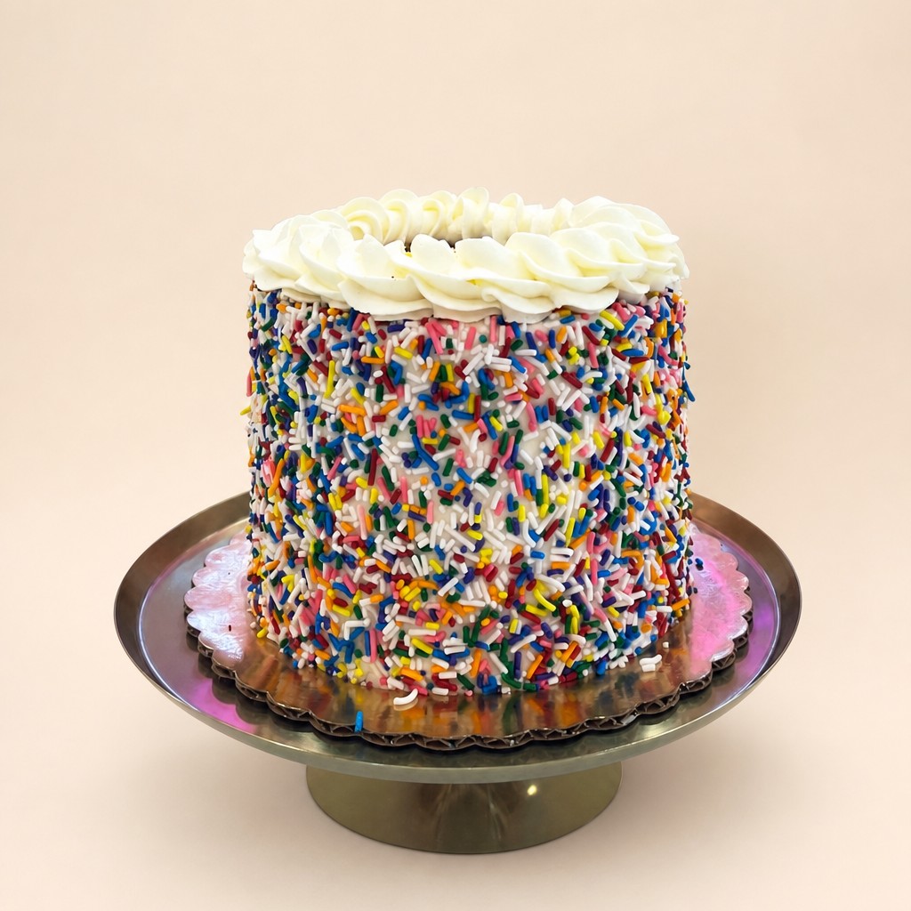 A vibrant round birthday cake featuring white buttercream frosting completely covered in an abundance of colorful sprinkles, topped with a d