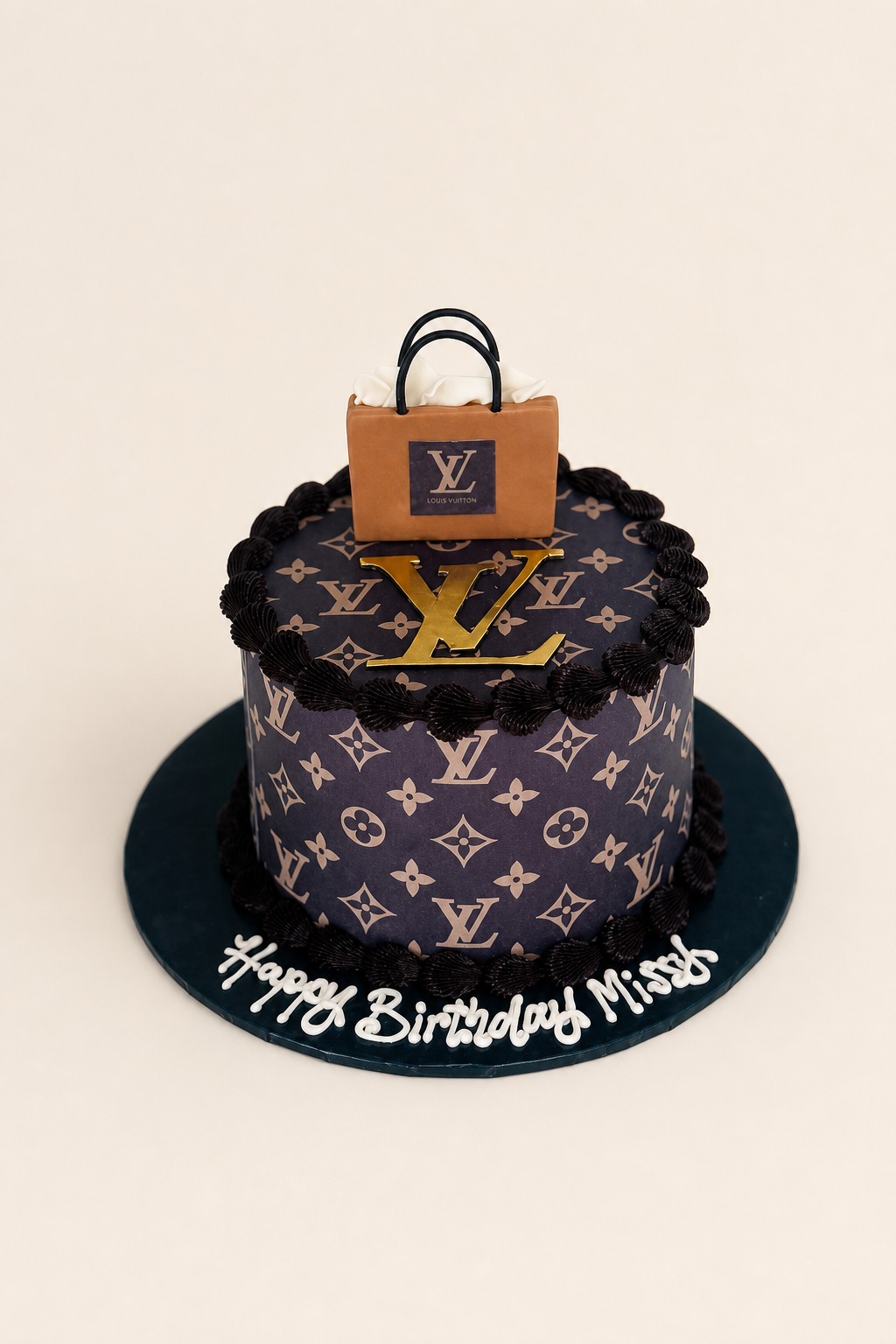 A single-tier Louis Vuitton themed birthday cake featuring a dark purple monogram edible image, a gold LV logo, and a mini shopping bag topp