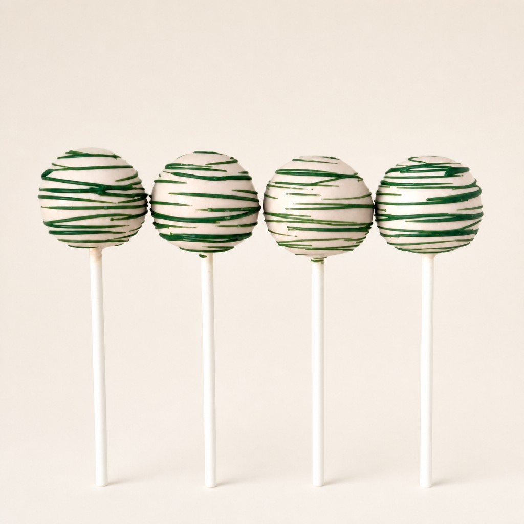 Four light-colored cake pops decorated with abstract dark green horizontal stripes or drizzles, presented on white sticks.
