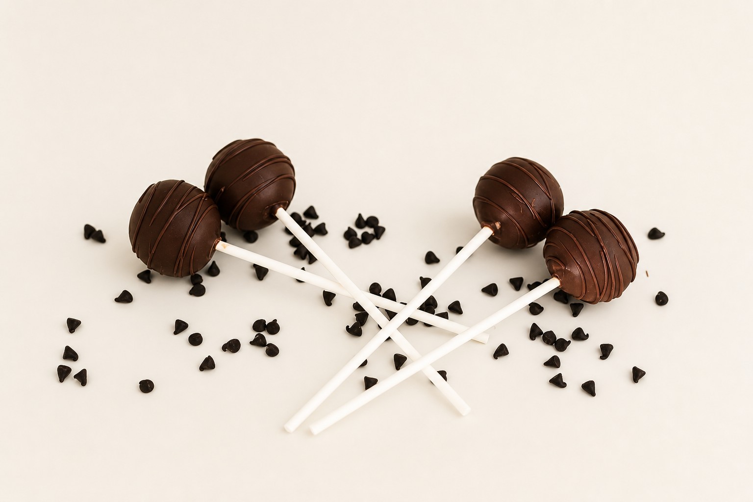Delicious chocolate cake pops with a delicate chocolate drizzle design, elegantly presented on a white plate with scattered chocolate chips.