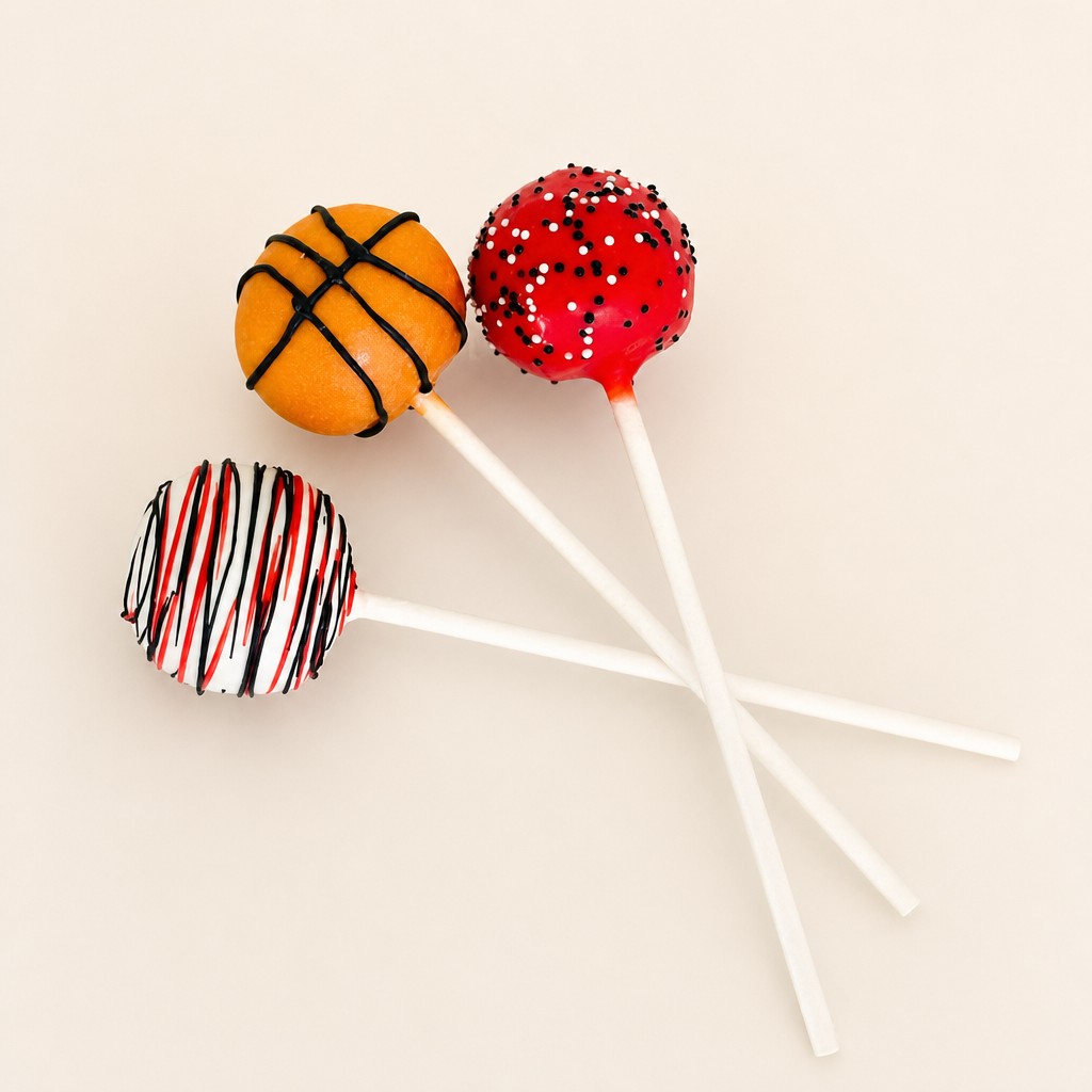 Three assorted cake pops, including a basketball-themed orange cake pop, a red cake pop with black and white sprinkles, and a white cake pop