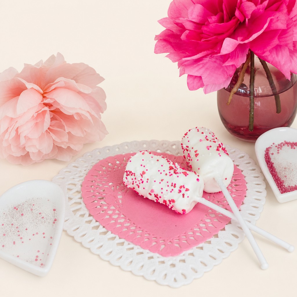 White cake pops adorned with red and pink heart-shaped and round sprinkles, presented on heart-shaped doilies with a golden 'LOVE' sign and 