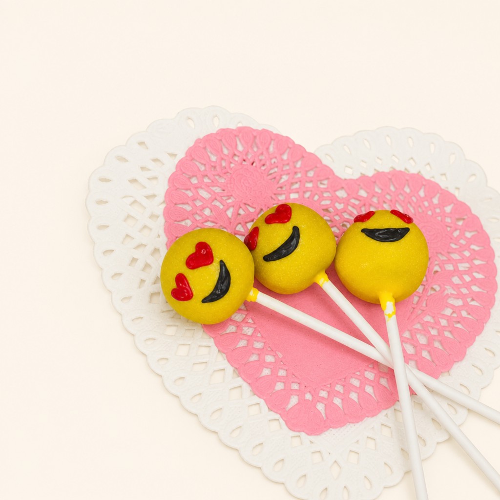 Cheerful yellow emoji cake pops with red heart eyes and black smiles, presented on heart-shaped doilies for a festive Valentine's Day celebr