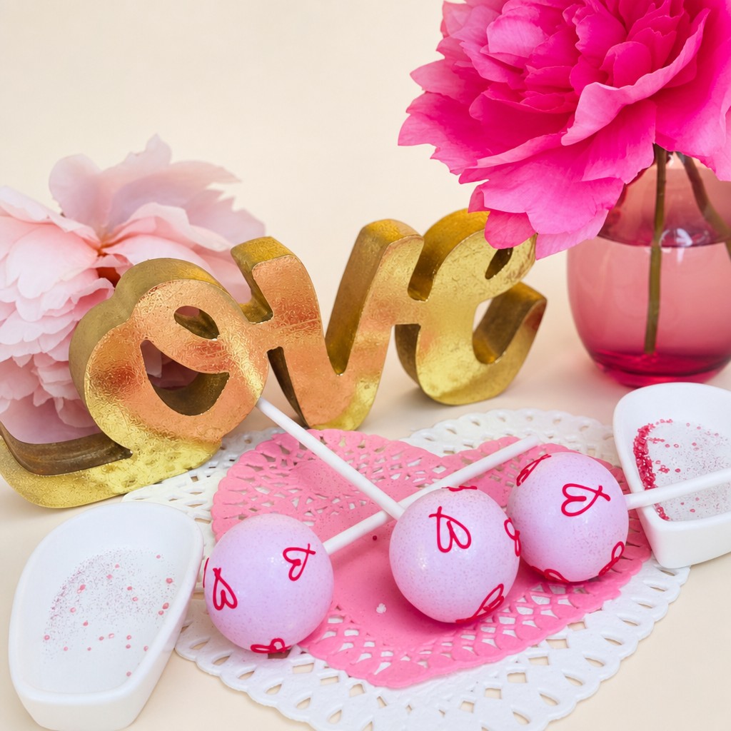 Pink cake pops decorated with red hearts and subtle glitter, displayed on heart-shaped doilies next to a gold 'LOVE' sign, perfect for Valen