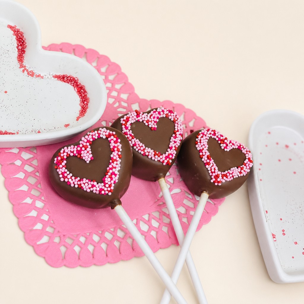 Heart-shaped chocolate cake pops decorated with pink and red sprinkles, ideal for Valentine's Day celebrations.