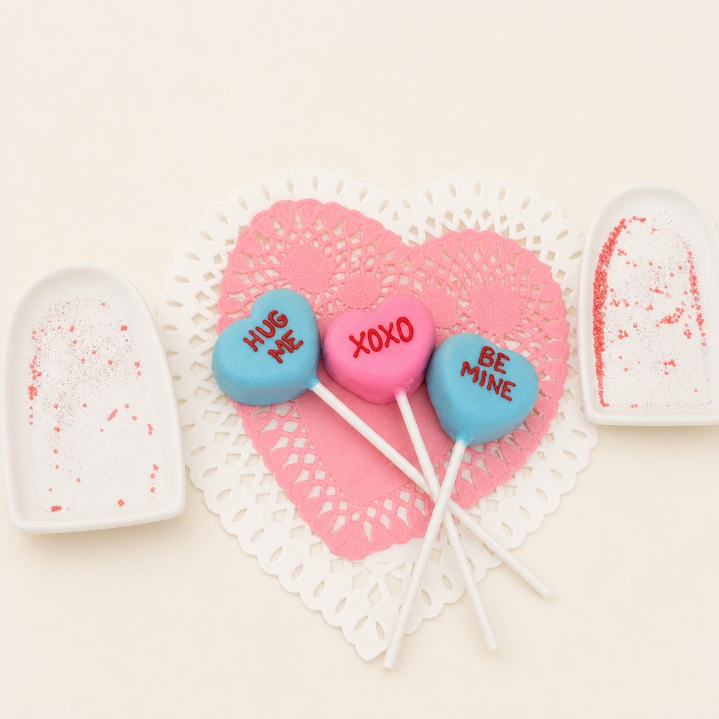 Heart-shaped cake pops in blue and pink with Valentine's Day messages like 'HUG ME', 'XOXO', and 'BE MINE' displayed on lace doilies, surrou