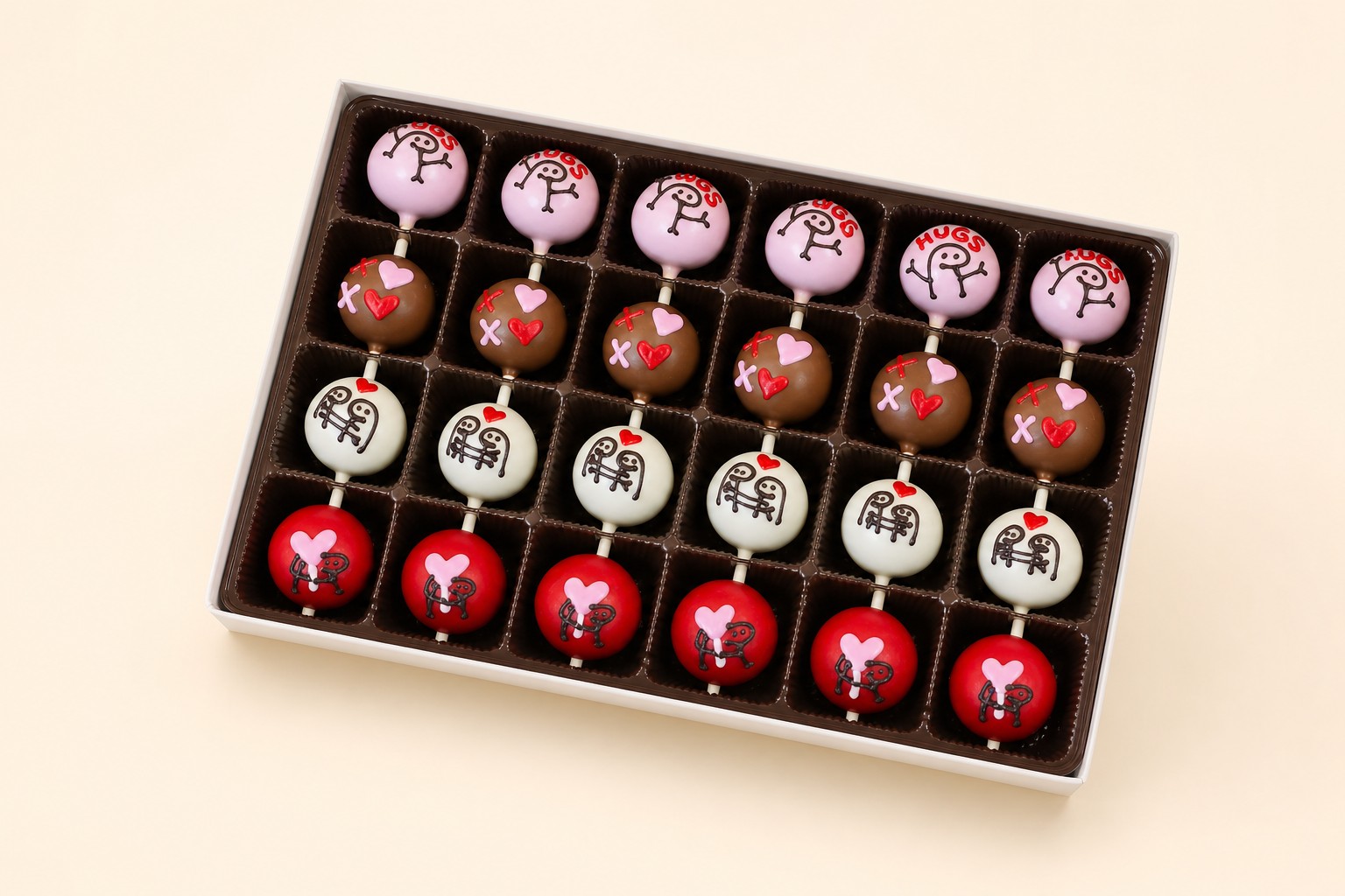 A box of festive cake pops featuring a mix of red, pink, white, and chocolate-flavored coatings, each adorned with sweet designs like hearts