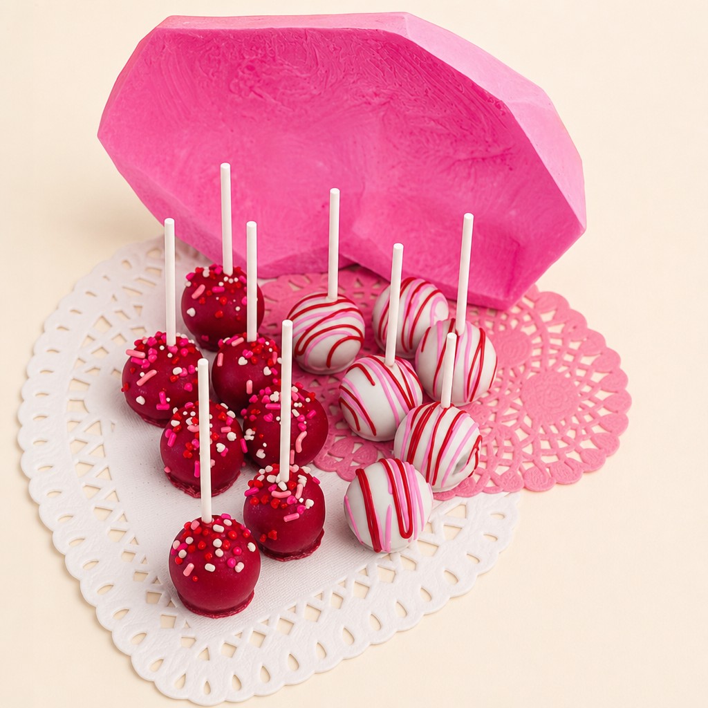 Festive red cake pops with colorful sprinkles and white cake pops with pink and red drizzles, displayed on doilies, ideal for Valentine's Da