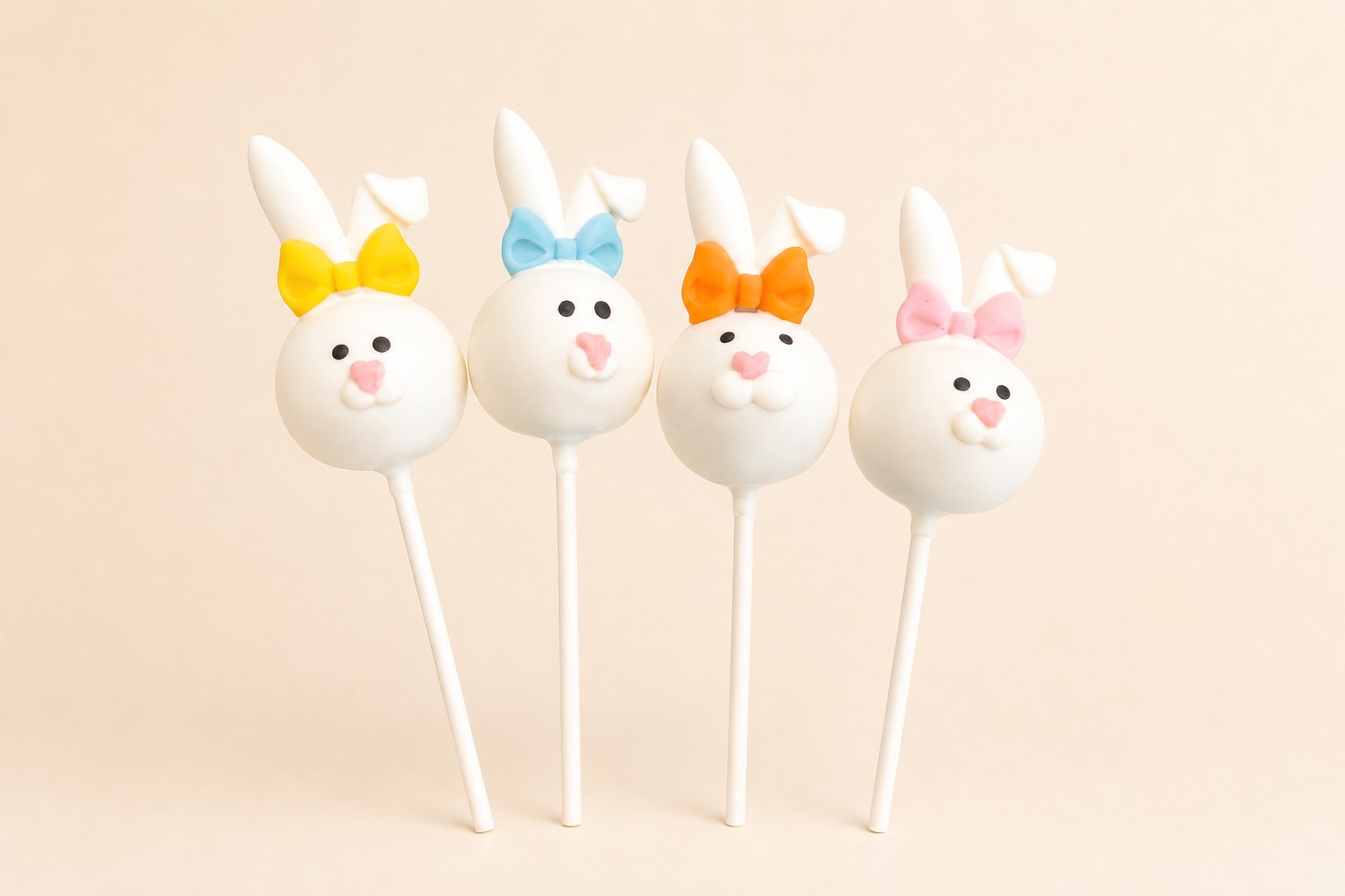 Four adorable white bunny cake pops, each featuring a colorful bow in yellow, light blue, orange, or pink, perfect for an Easter celebration