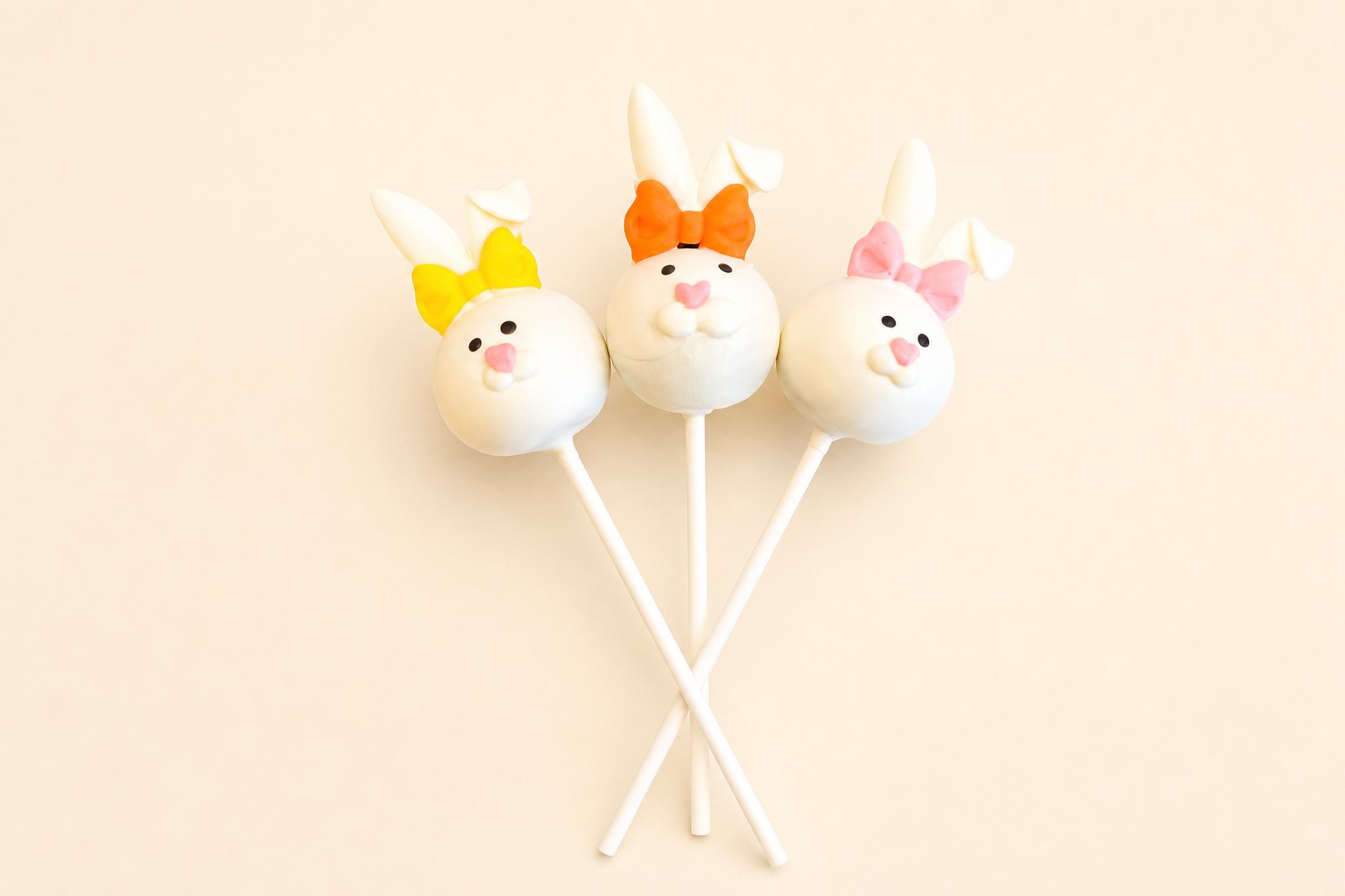 Three cute white bunny cake pops with colorful bows, perfect for an Easter celebration, presented on a vibrant green grass background.