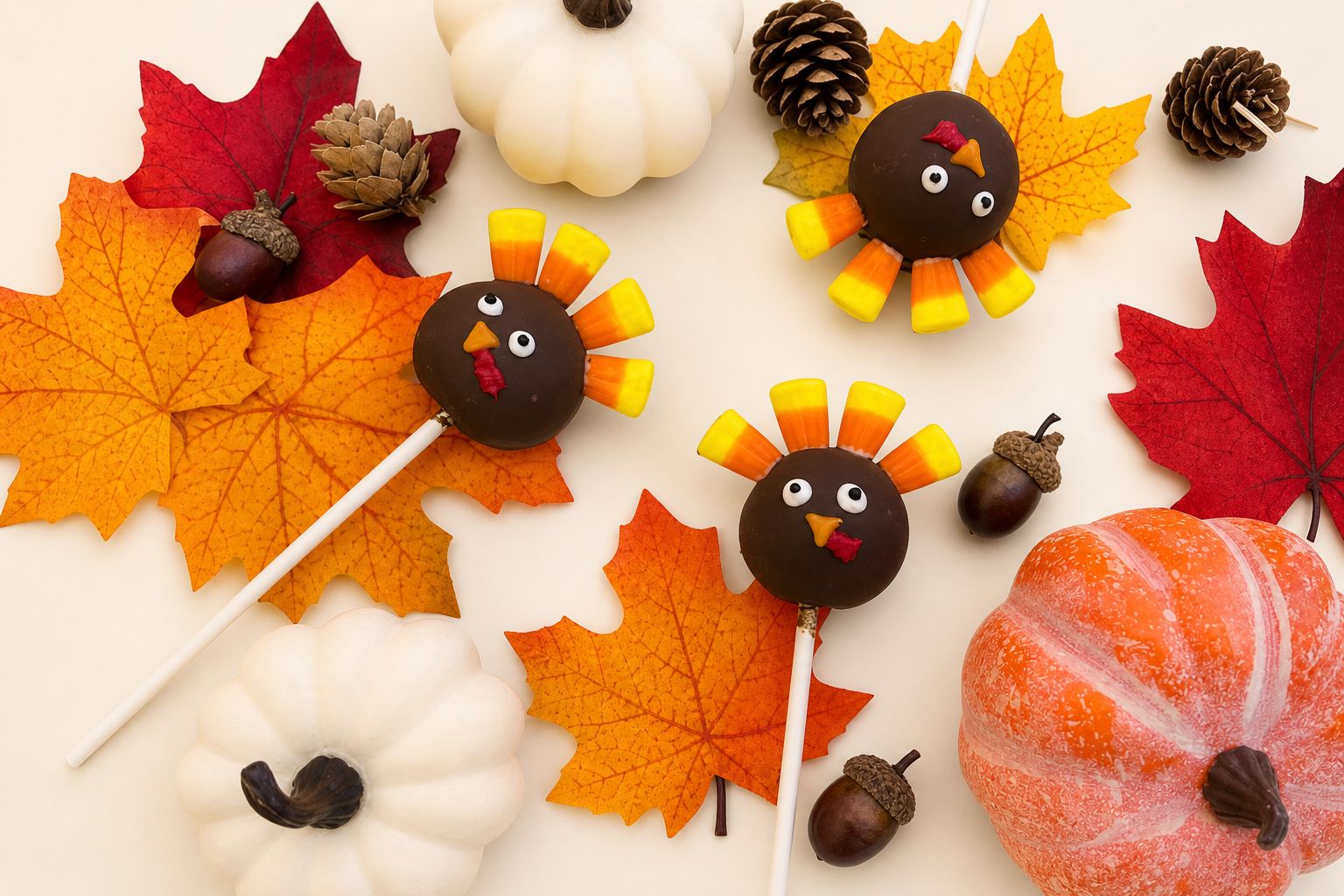 Thanksgiving turkey cake pops decorated with candy corn feathers and candy details, displayed with various fall harvest decorations.