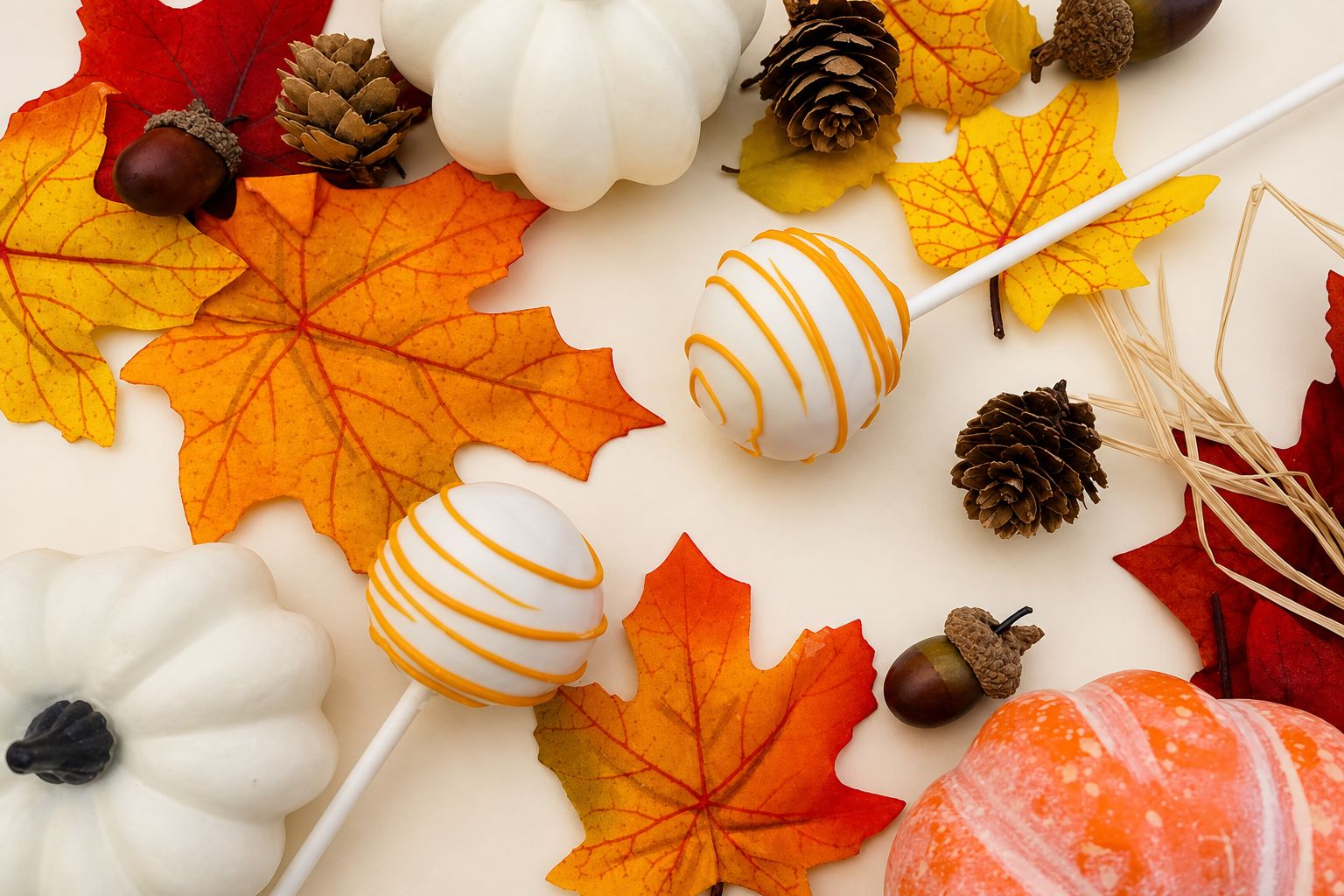 White cake pops decorated with orange stripes, perfect for an autumn or fall-themed celebration surrounded by fall leaves and pumpkins.