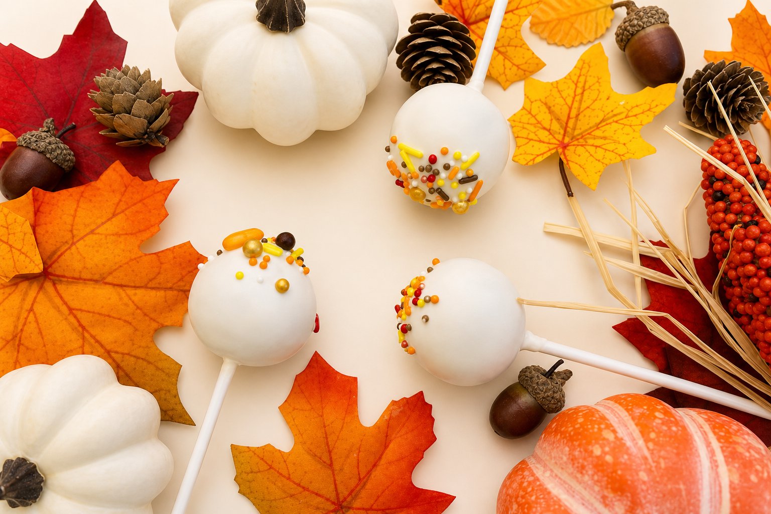 White coated cake pops decorated with festive autumn-colored sprinkles, perfect for fall holidays and celebrations.