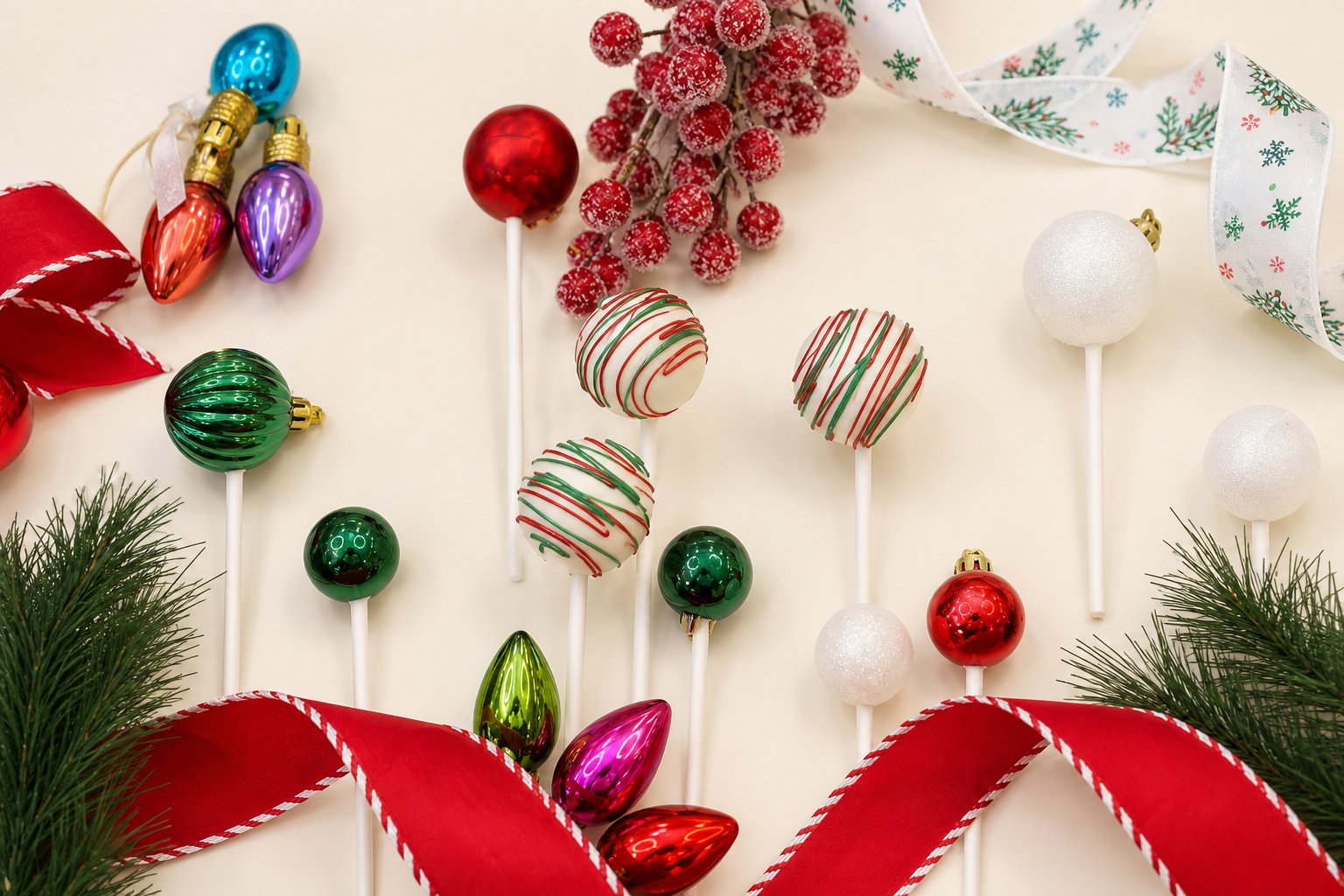 White cake pops decorated with festive red and green drizzles, perfect for a Christmas or holiday celebration.
