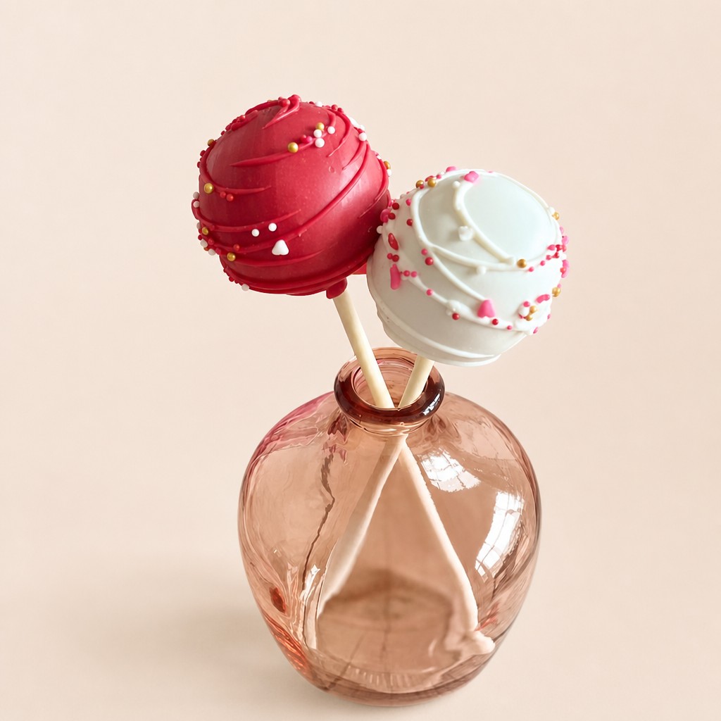 Two elegant red and white cake pops adorned with gold and pink sprinkles, including tiny heart shapes, presented in a small vase.
