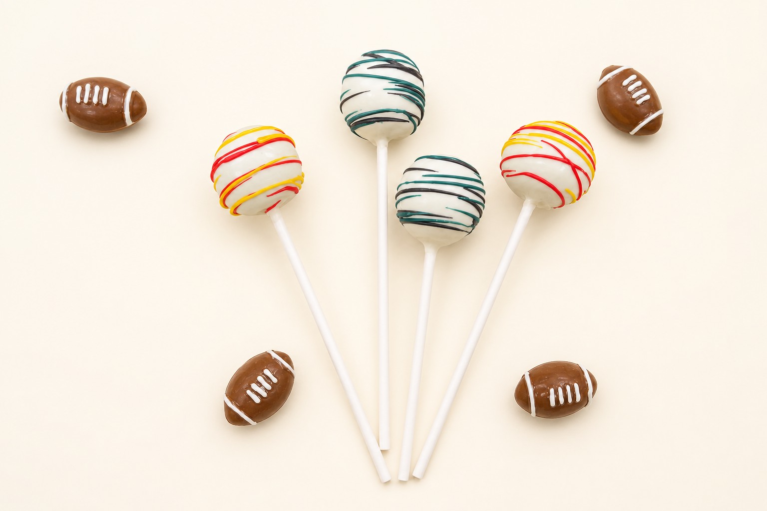 Football-themed cake pops with white icing and colorful red, yellow, green, black, and teal drizzles, displayed with chocolate footballs and