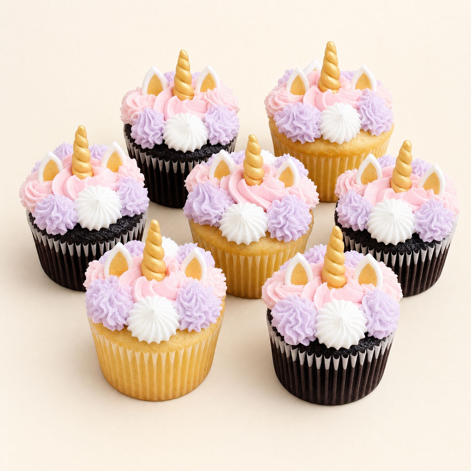 A collection of unicorn cupcakes featuring pastel pink, purple, white, and mint green buttercream frosting, topped with gold unicorn horns a