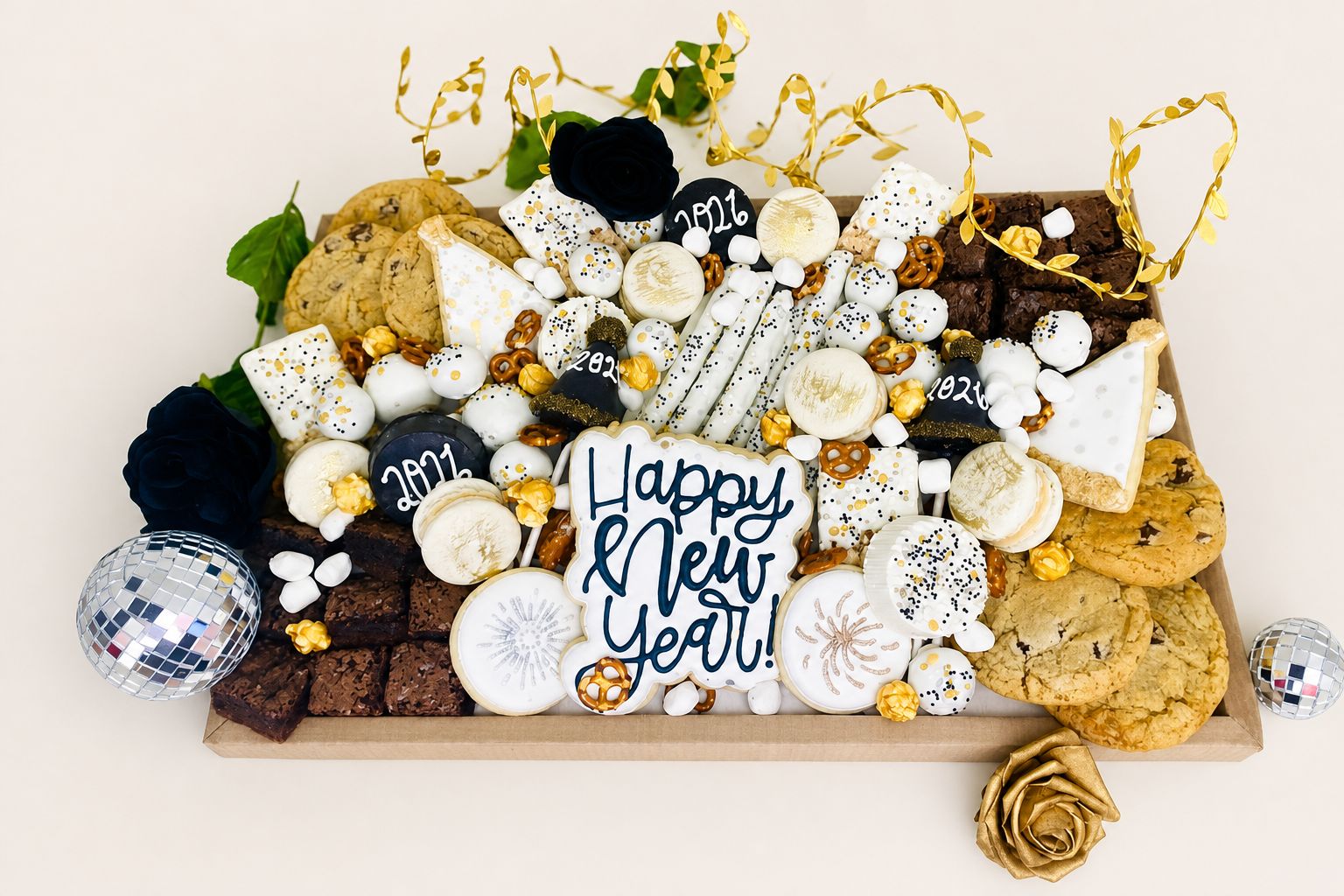 A festive New Year's Eve dessert board featuring an assortment of decorated cookies, brownies, macarons, chocolate-covered pretzels, and mar