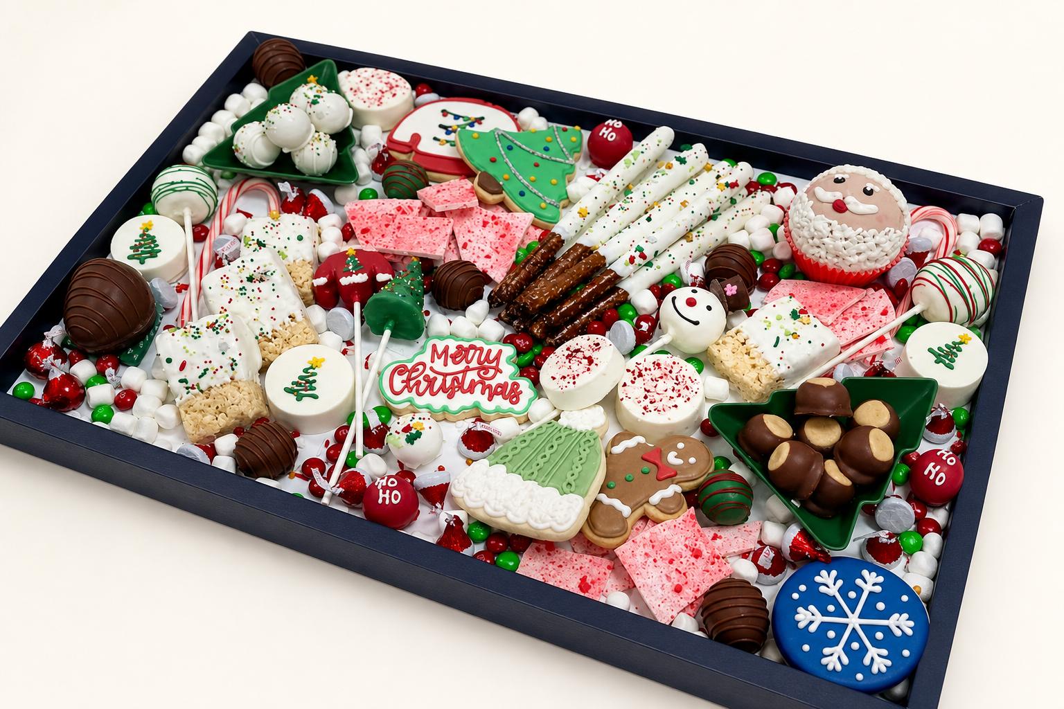 A festive Christmas dessert board featuring a variety of holiday-themed cookies, cake pops, chocolate-covered pretzels, marshmallows, candie