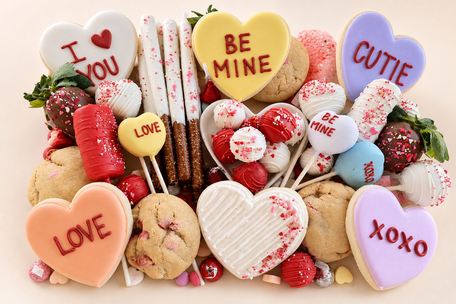 A festive Valentine's Day dessert platter featuring an assortment of heart-shaped sugar cookies with royal icing messages like 'I heart YOU'