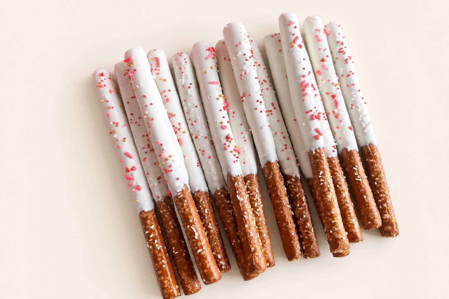 White chocolate-dipped pretzel rods generously adorned with a mix of pink, white, and gold sprinkles, including small heart shapes, perfect 