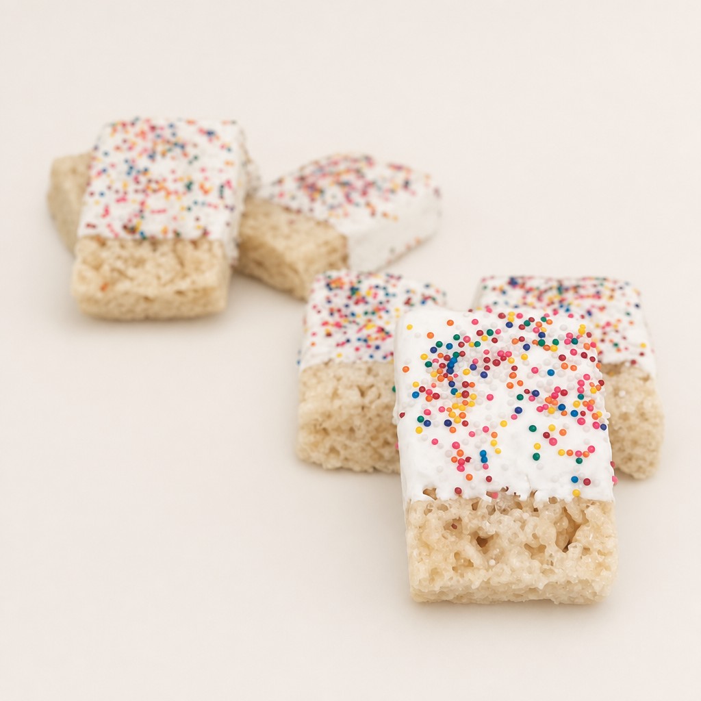 Rectangular Rice Krispie treats half-dipped in a white coating and generously topped with colorful sprinkles, presented on a white serving p