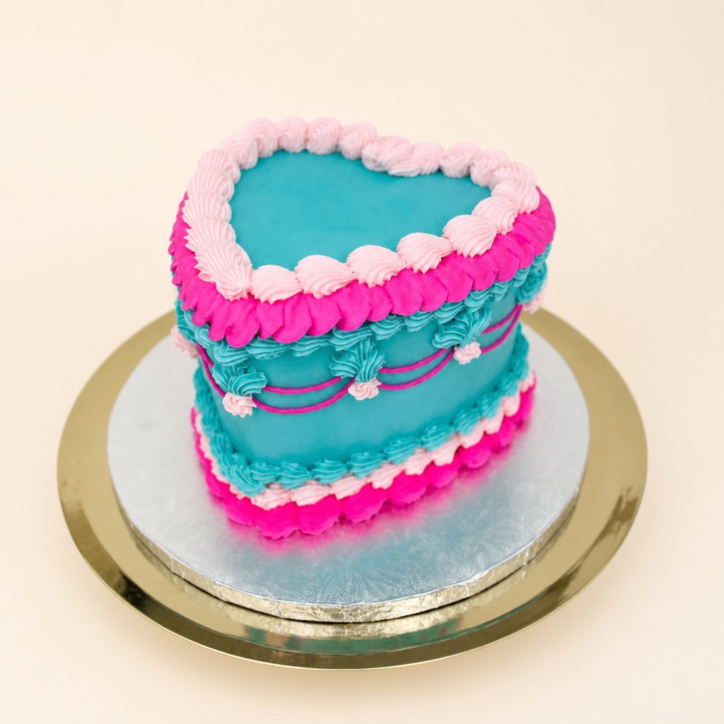 A vibrant heart-shaped cake with teal and hot pink buttercream frosting, featuring ruffle and swirl piping designs.