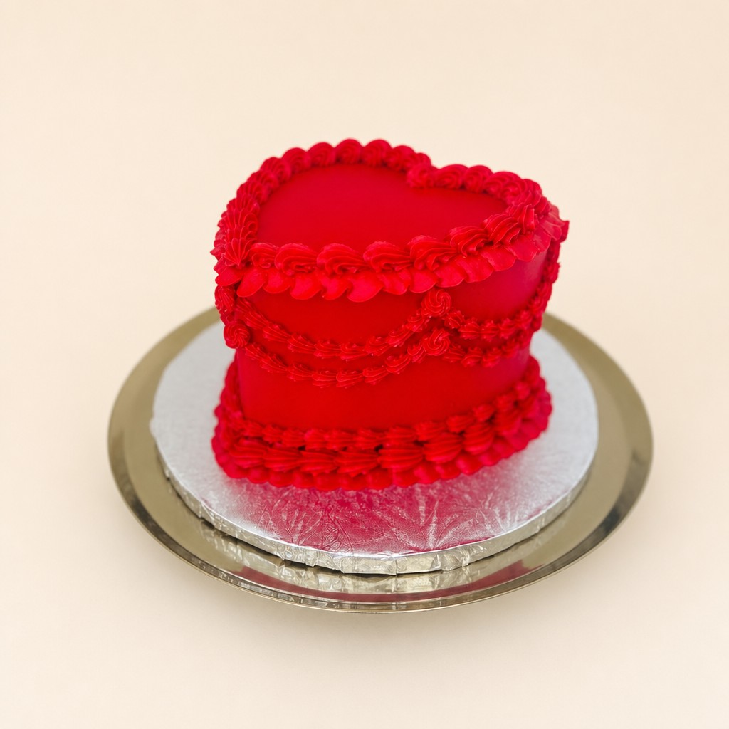 A vibrant red heart-shaped cake featuring intricate piped buttercream ruffles and swirls along the top and sides, presented on a silver cake