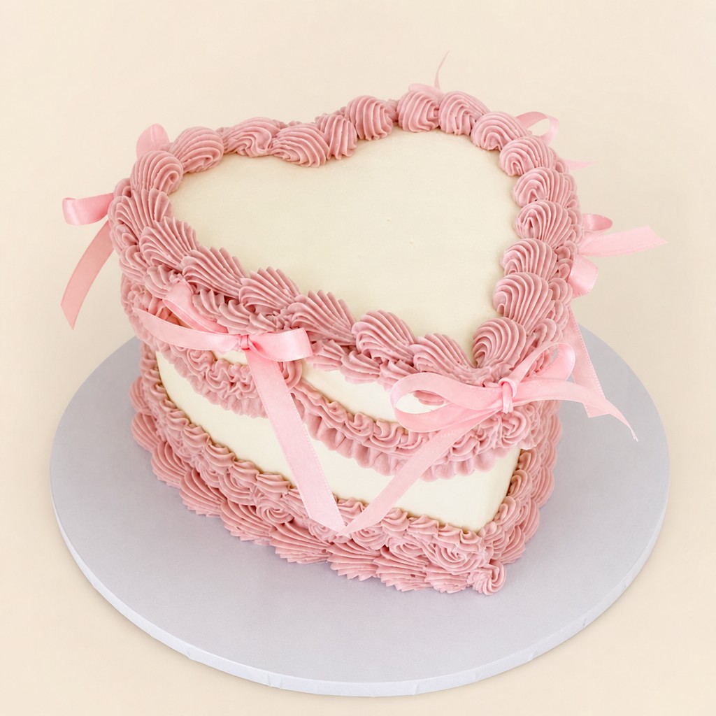 An elegant heart-shaped cake featuring a smooth cream finish, delicate pink ruffled buttercream piping around the edges, and decorative pink