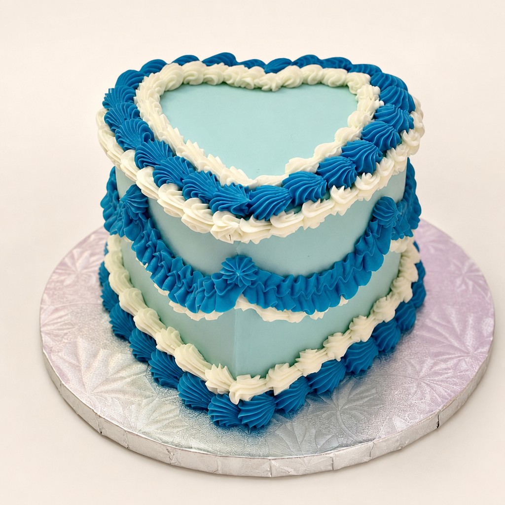 A elegant heart-shaped light blue buttercream cake decorated with intricate white and dark blue piped scrollwork and shell borders.
