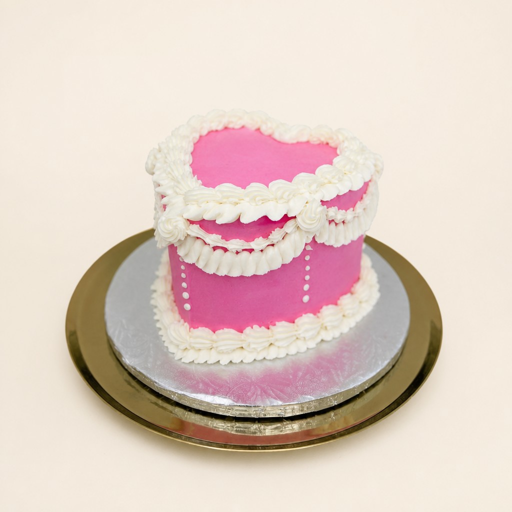 A vibrant pink heart-shaped cake featuring intricate white ruffled buttercream piping along the edges and small white pearl details on the s